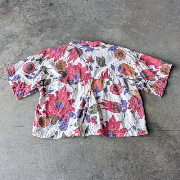 Vintage Hunters Run Pink Blue Floral Short Sleeve Cropped Button Front Shirt - Picture 8 of 8